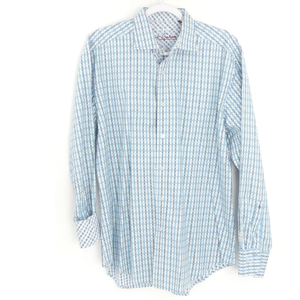 Robert Graham Mens Large Long Sleeve Button Up Casual Shirt‎ Blue Green Check